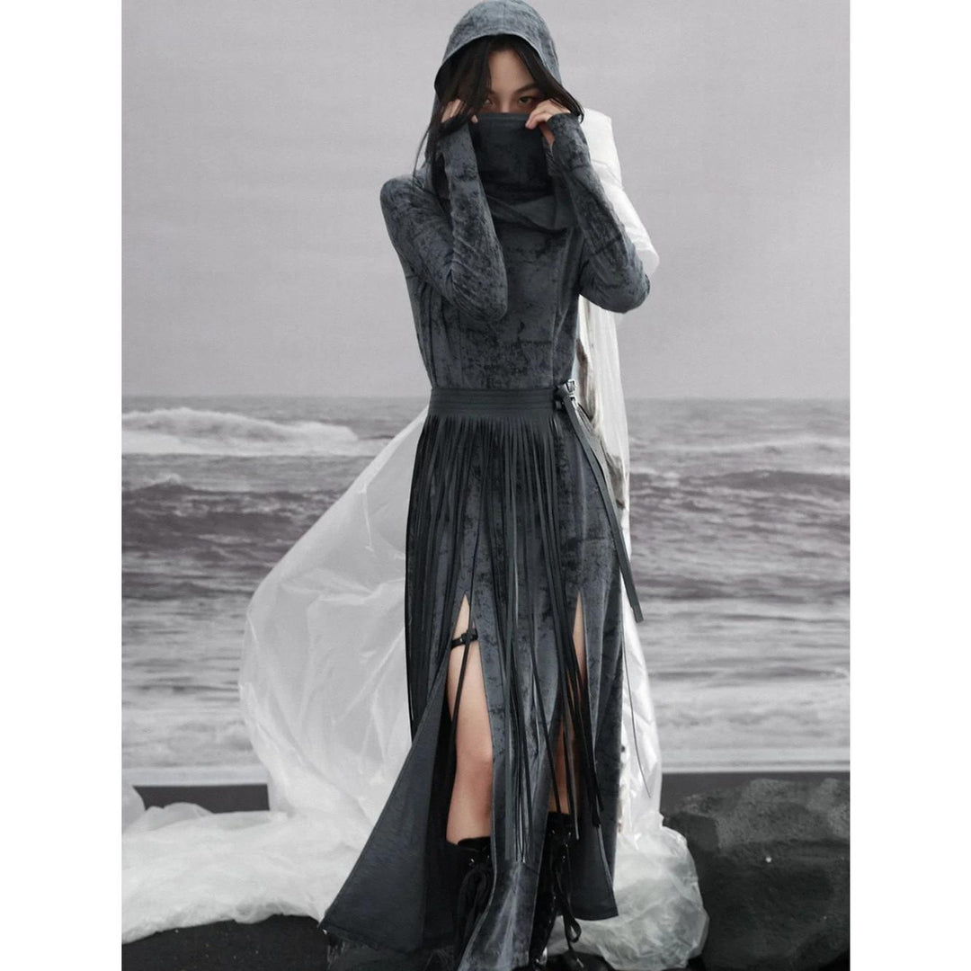 Elegant Dark Black Hooded High Neck Dress for Autumn