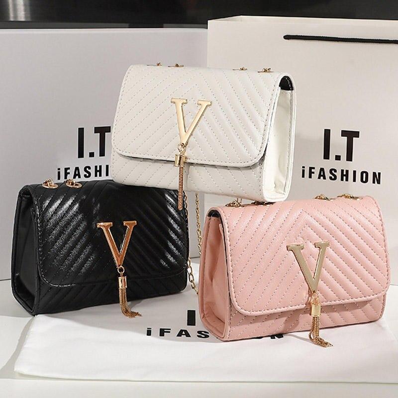 Quilted Flap Crossbody Bag with V Detail and Tassel