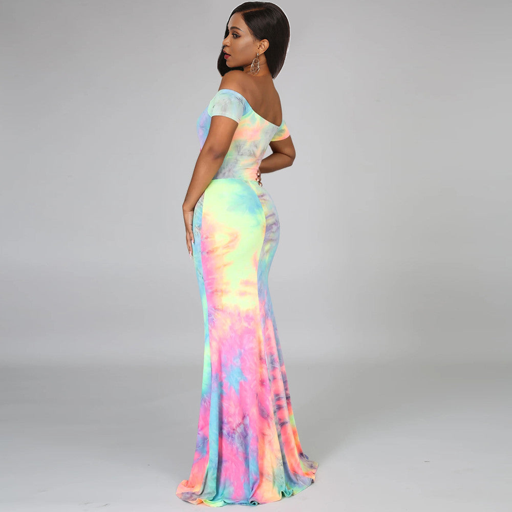 European And American Off-shoulder Navel Tie-dyed Dress