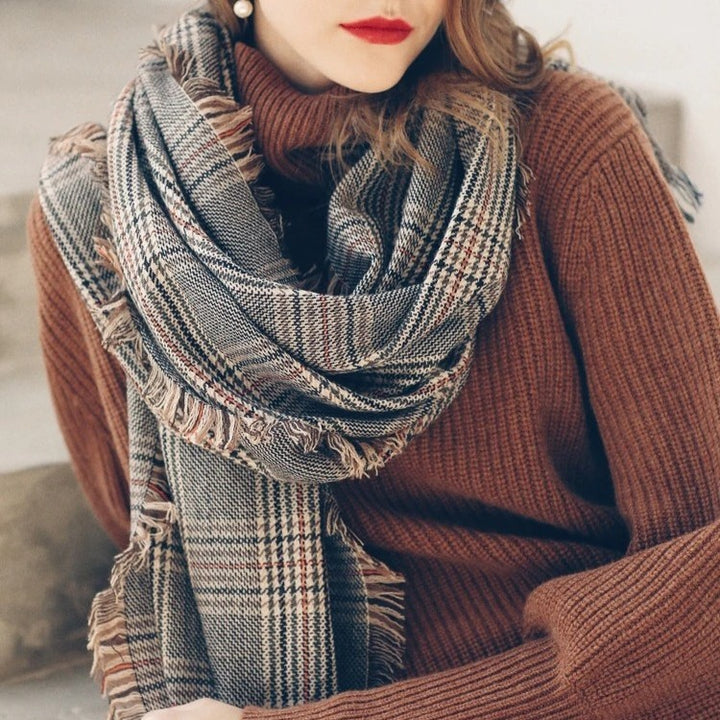 Designer Plaid Wool Houndstooth Scarf for Women - Luxury Lambwool Pashmina Shawl