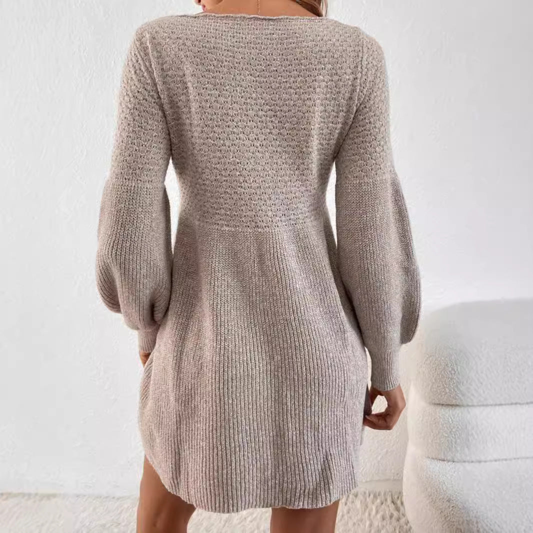 Casual Loose Lantern Sleeve High Waist A- Style Hemline Round Neck Knitted Dress Sweater