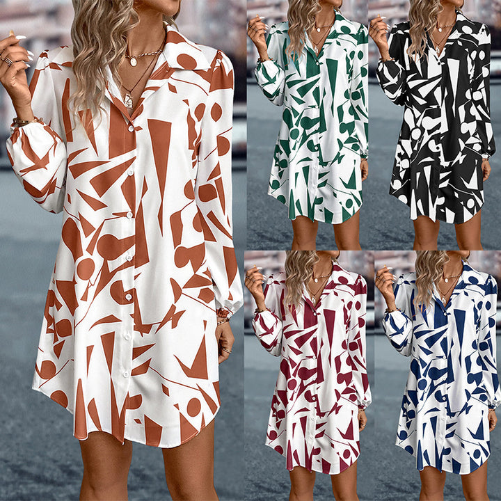 Shirt Collar Single-breasted Printed Long Sleeve Loose Casual Dress