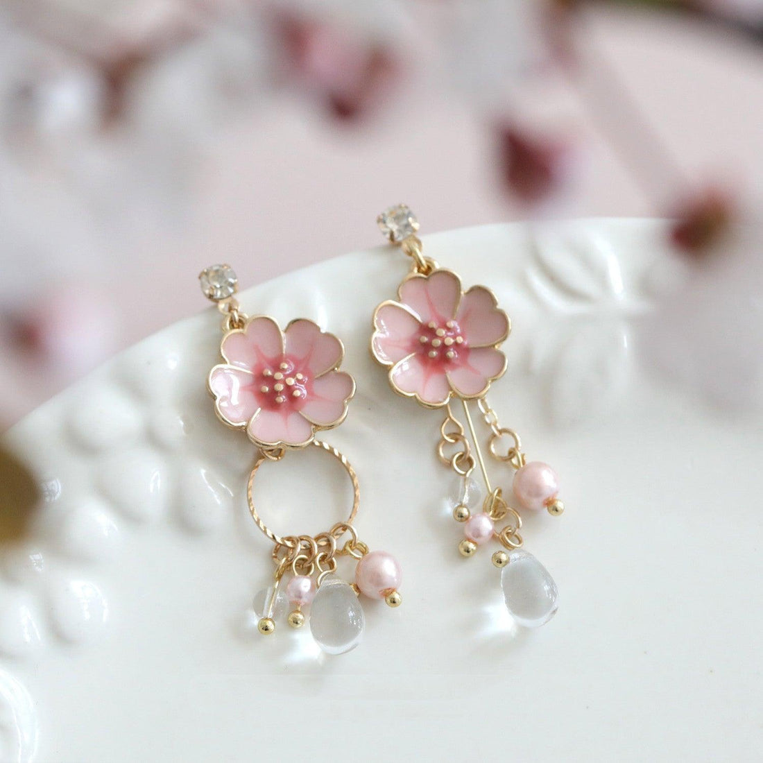 Cherry-Blossom Drop Earrings, Post or Clip-On