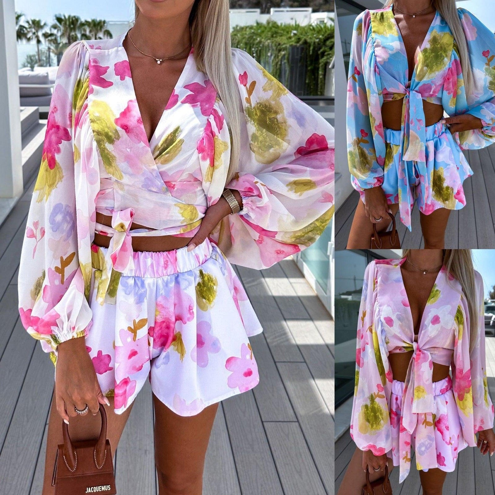 Chiffon Pleated Lantern Sleeve Long Sleeve V-neck Shirt Elastic Waist Straight Shorts Printing Suit - Trendha