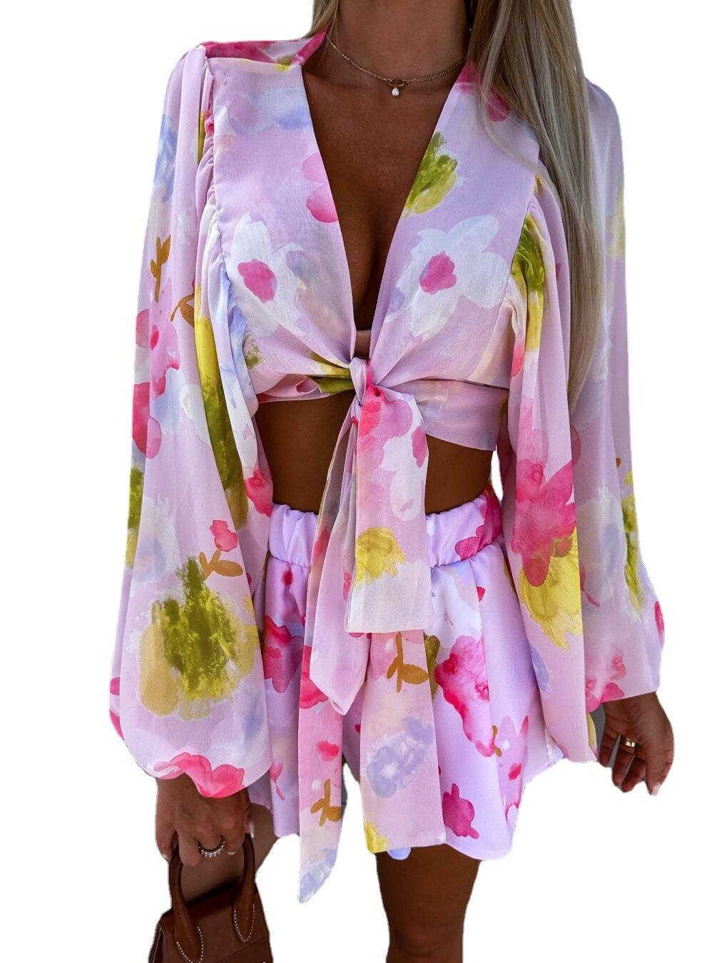 Chiffon Pleated Lantern Sleeve Long Sleeve V-neck Shirt Elastic Waist Straight Shorts Printing Suit - Trendha