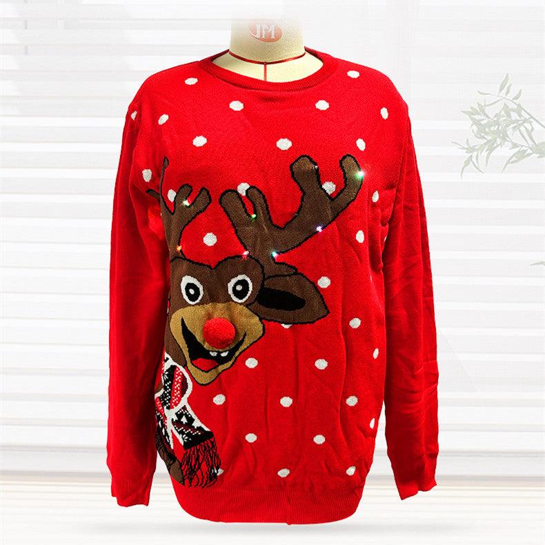 Christmas Elk Red Loose-fitting Knitted Sweater - Trendha