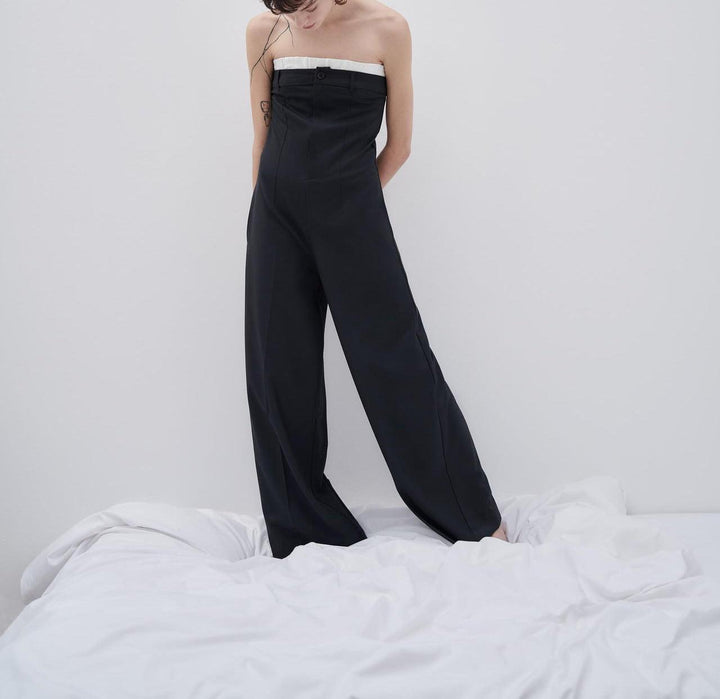 Contrast Color Off-neck Tube Top Jumpsuit Stitching Wide Leg - Trendha