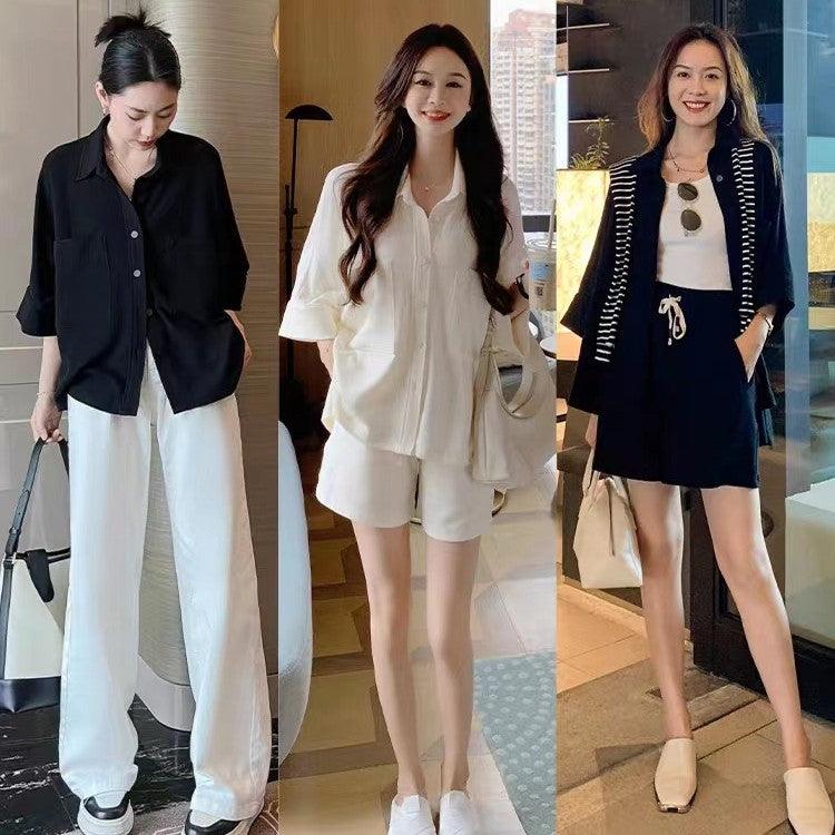 Cotton Large Pocket Shirt With Elastic Waist And Wide Leg Shorts - Trendha