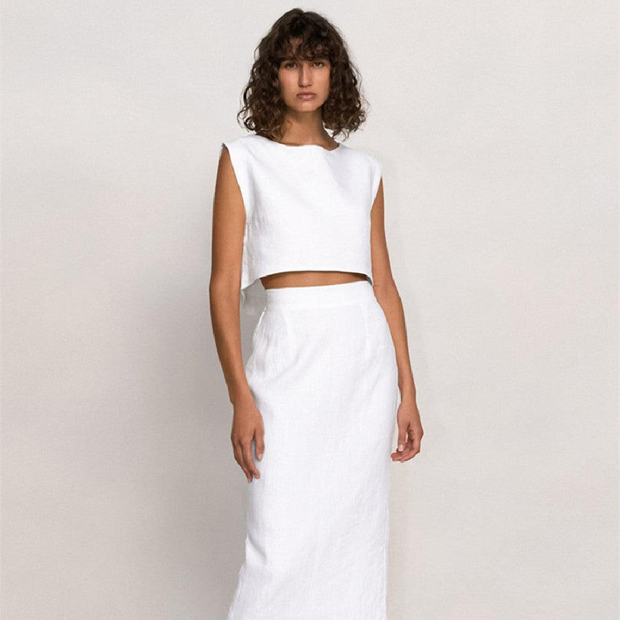 Cotton Sleeveless Top Straight Skirt White Suit - Trendha