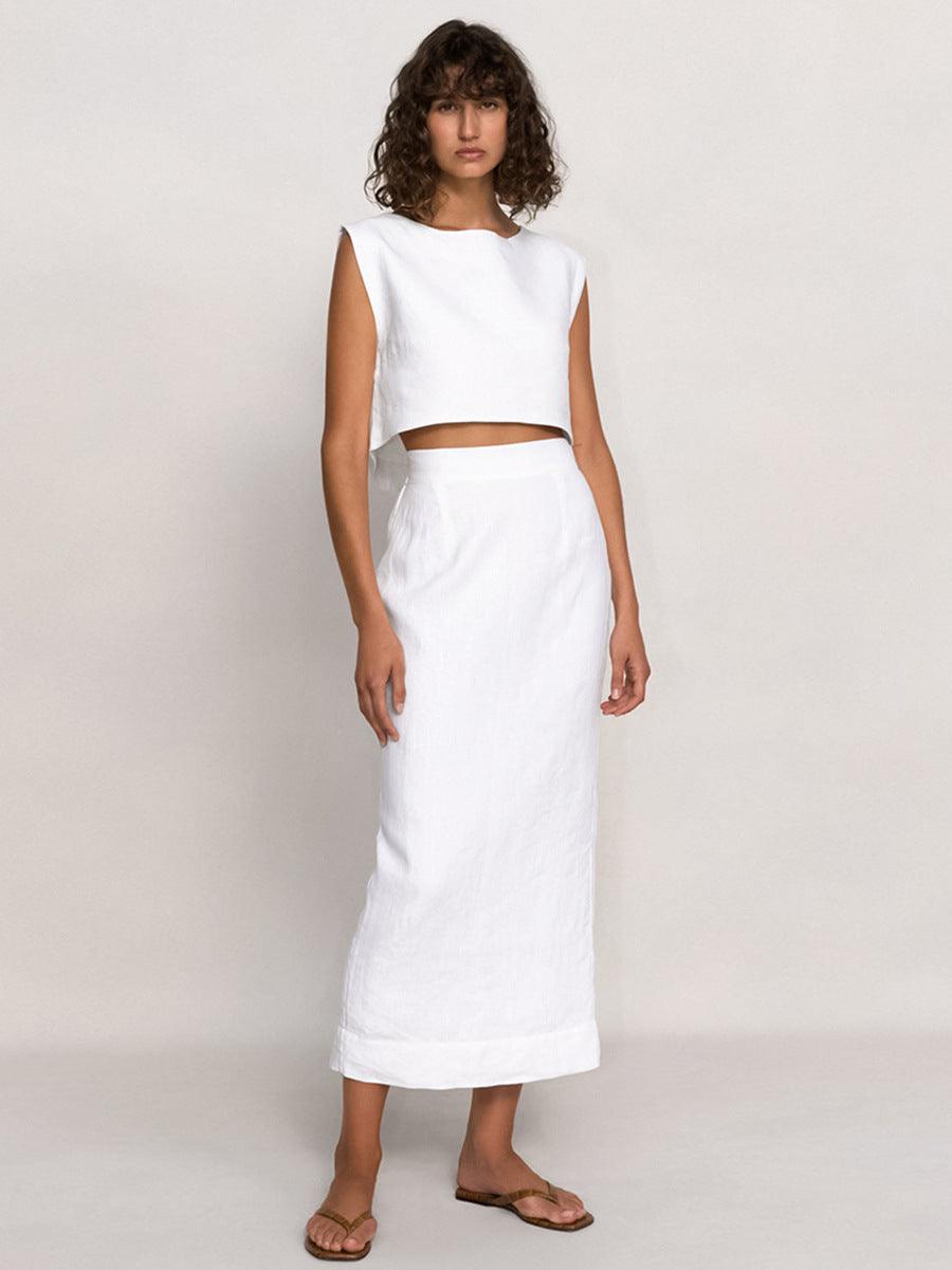 Cotton Sleeveless Top Straight Skirt White Suit - Trendha