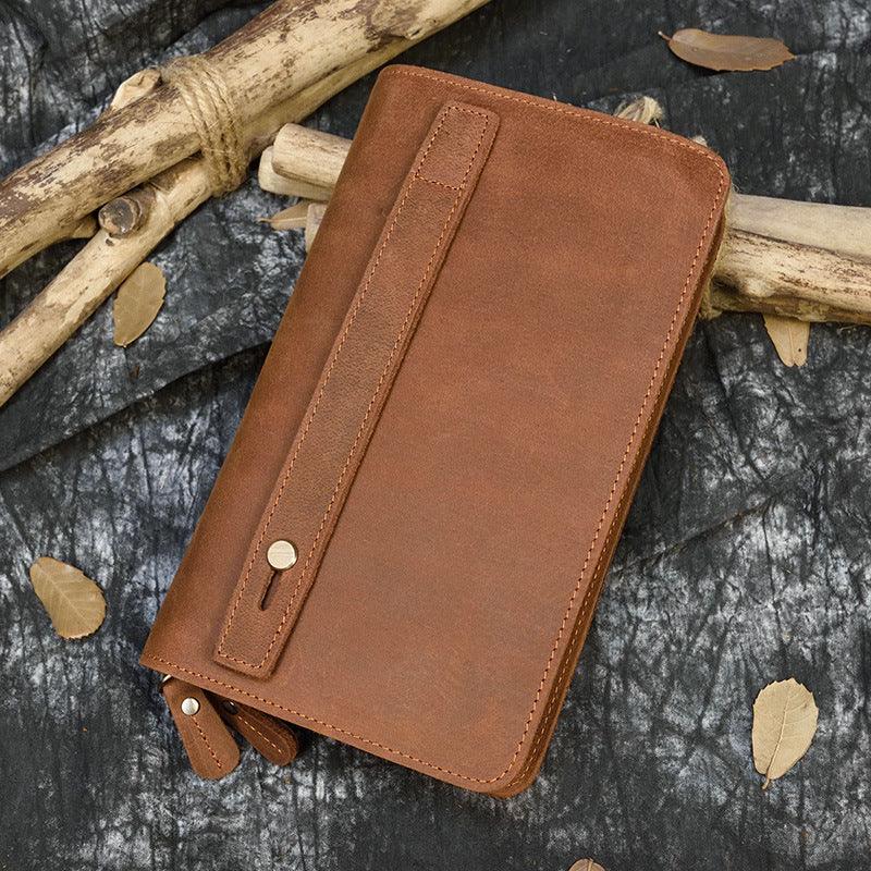 Crazy Horse Leather Double Zip Money Clutch - Trendha
