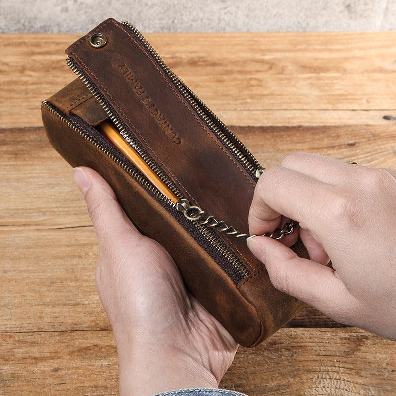 Crazy Horse Leather Portable Double Zipper Large Capacity - Trendha