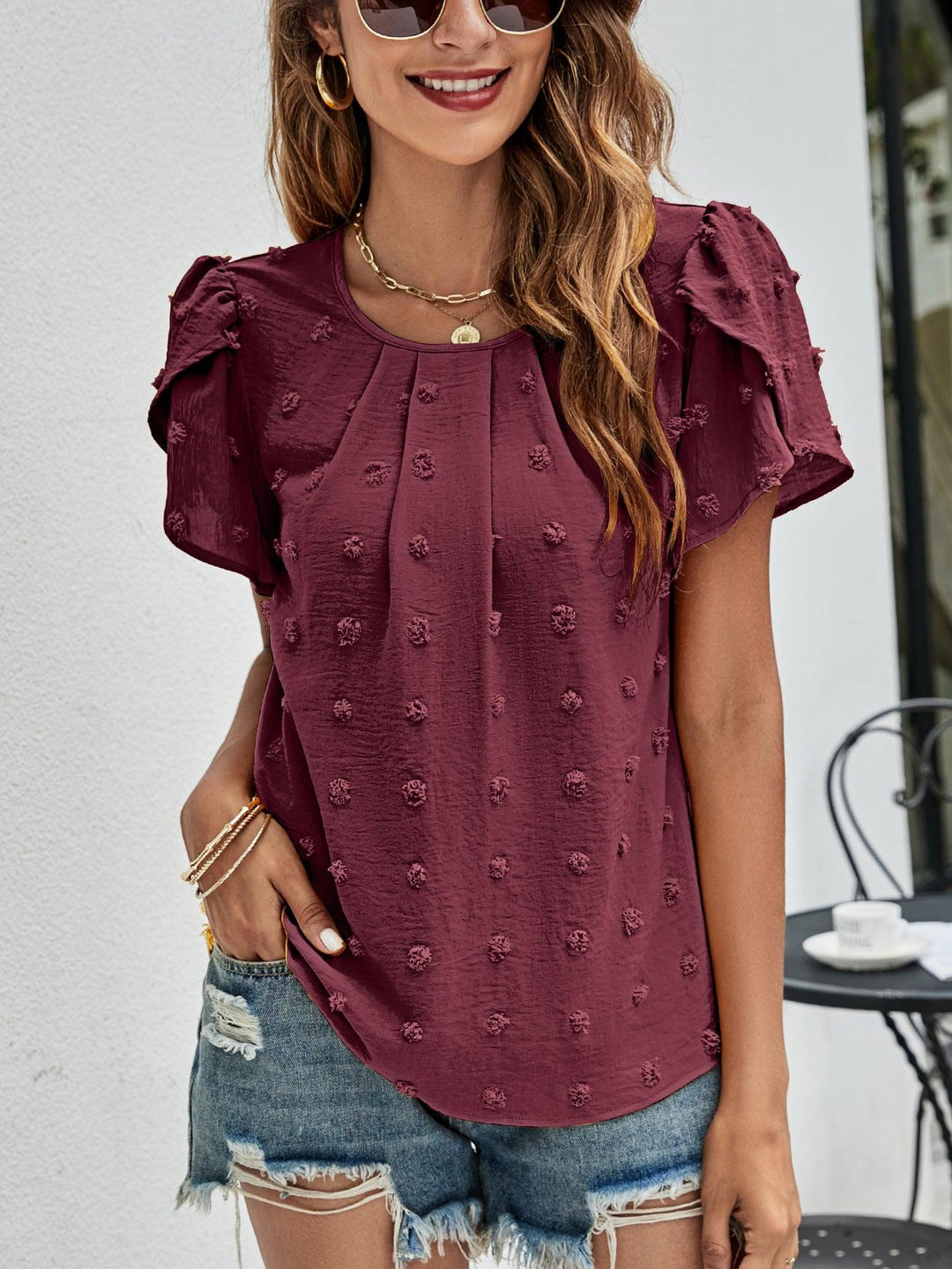 Crew Neck Casual Tulip Sleeve T-shirt Jacquard Top For Women - Trendha