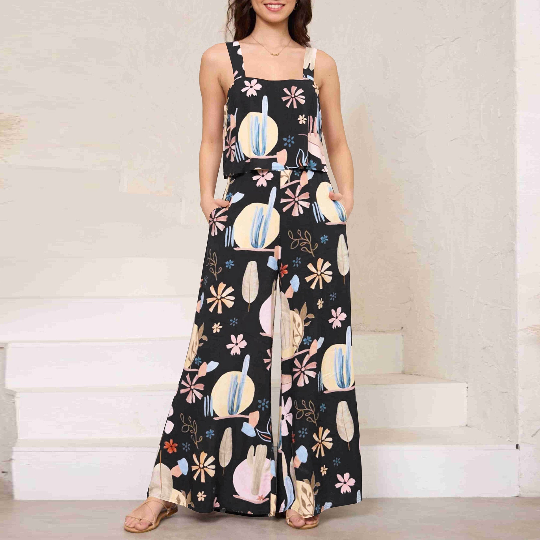 Chic Paisley Print Wide Leg Jumpsuit with Suspender Top Set - Women&