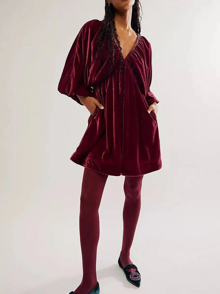 Retro Velvet V-Neck Puff Sleeve Mini Dress