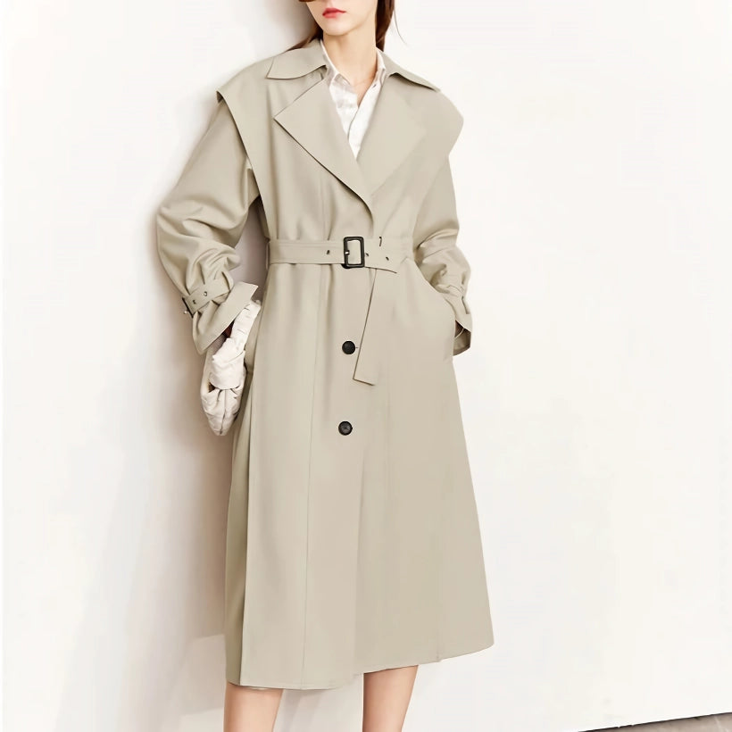 Minimalist Long Trench Coat for Women - Autumn Turndown Neck Patchwork Single Breasted