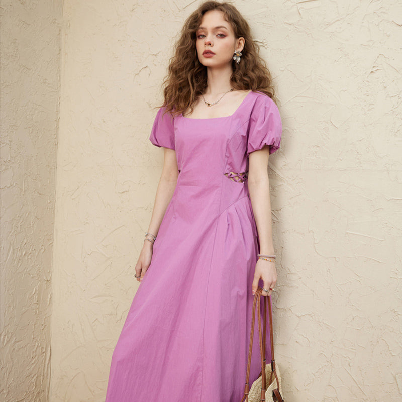 Square-Neck A-Line Dress with Short Puff Sleeves