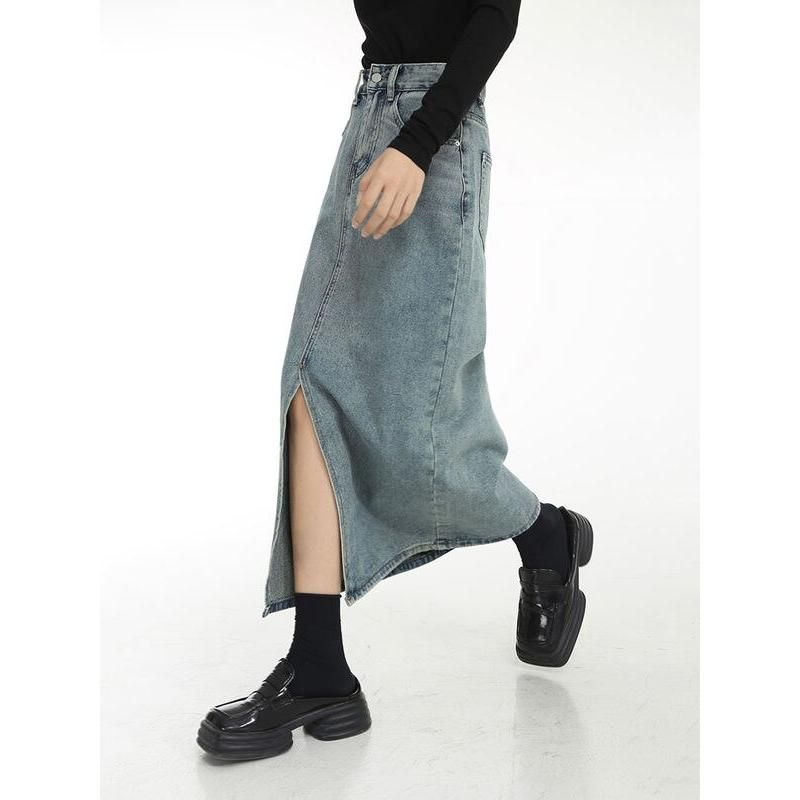 Chic Vintage Blue Denim Midi Skirt with Front Slit