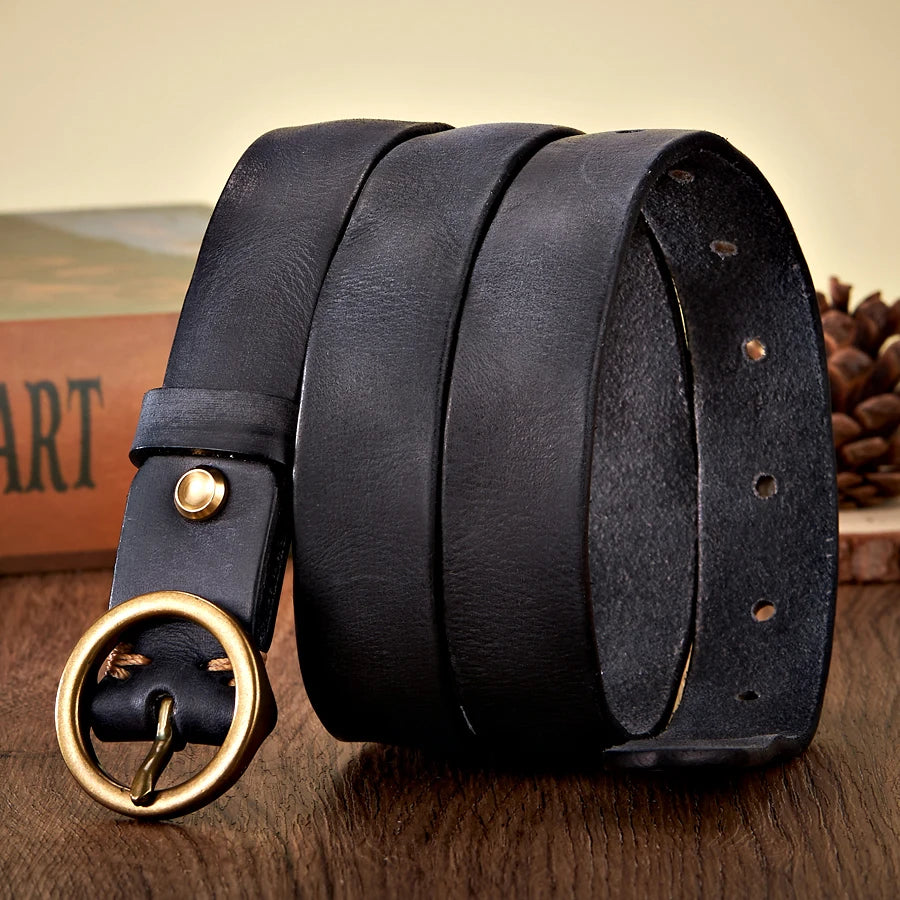 2.5CM Genuine Leather Women’s Belt with Luxury Copper Round Buckle - Simple Waist Strap in Candy Colors