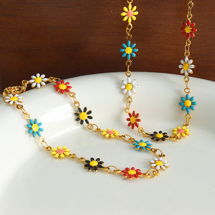 Bohemian Flower Stainless Steel Jewelry Set - Colorful Necklace and Bracelet Combo for Women
