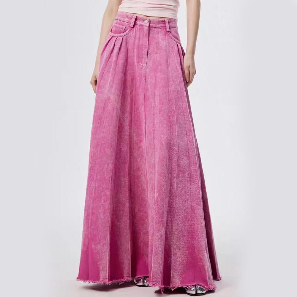 High Waist A-line Floor-Length Denim Skirt in Flash Rose Pink