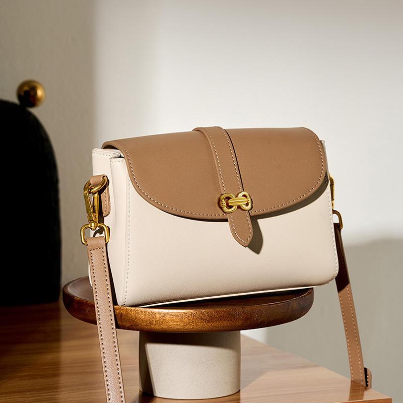 Elegant Small Square Messenger Bag with Gold Buckle & Bow - Leather Shoulder Bag