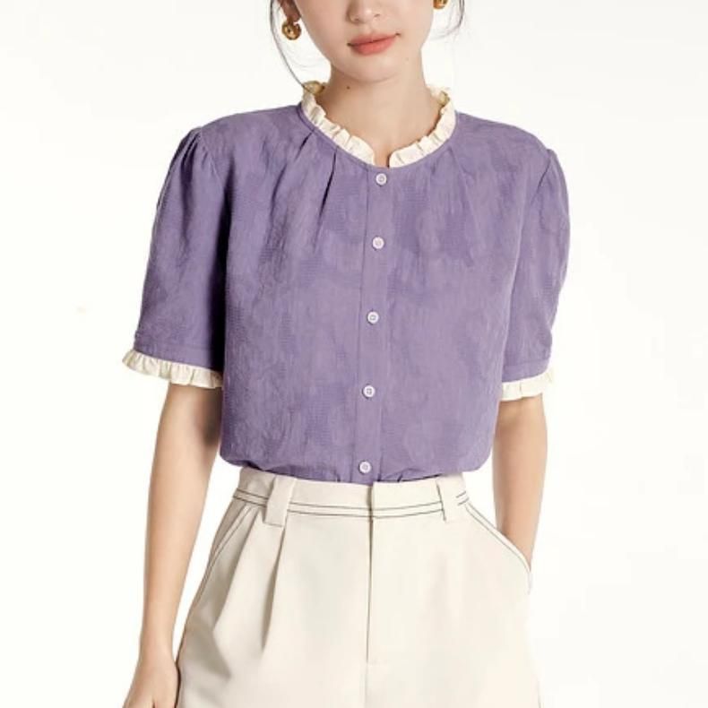 Summer Puff Sleeve Lace Neckline Blouse