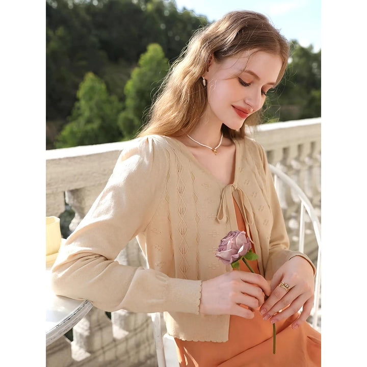 Apricot Elegant V-Neck French Style Knit Cardigan
