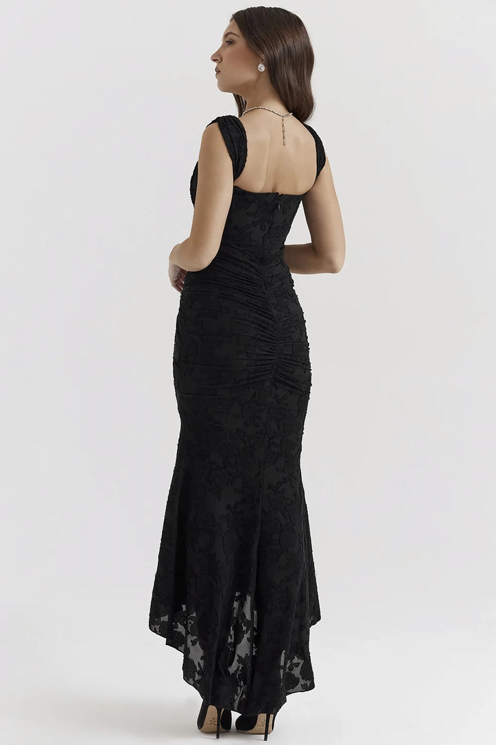 Elegant Ruffled Evening Maxi Dress with Zipper Detail