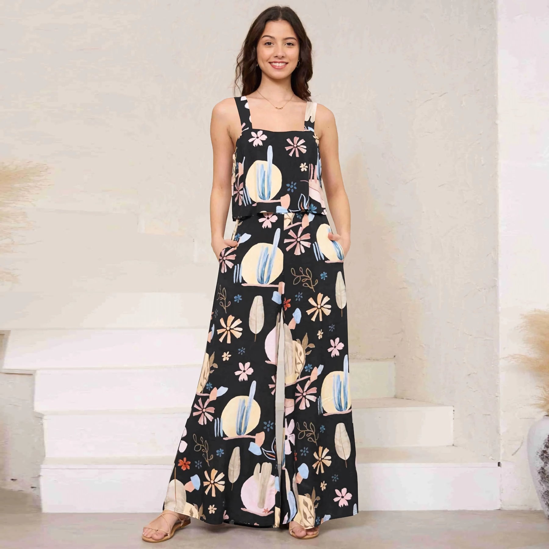 Chic Paisley Print Wide Leg Jumpsuit with Suspender Top Set - Women&