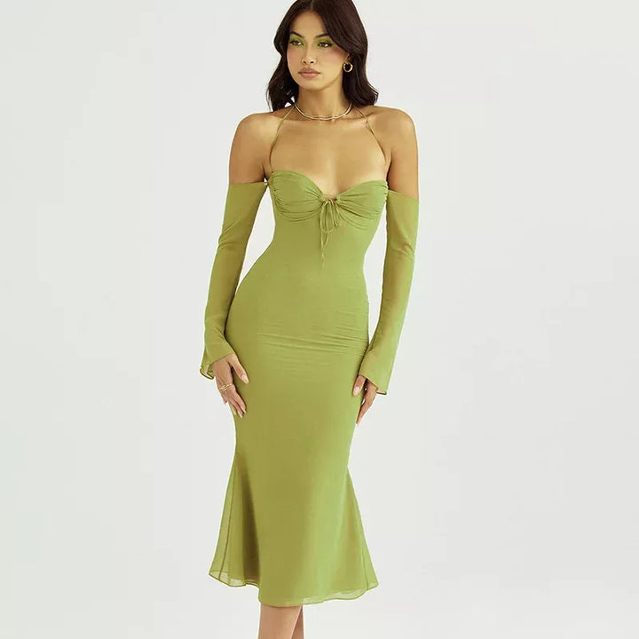 Elegant Off-Shoulder Lace-Up Mesh Midi Dress