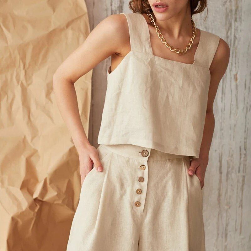 Vintage Cotton Linen Sleeveless Crop Top for Women