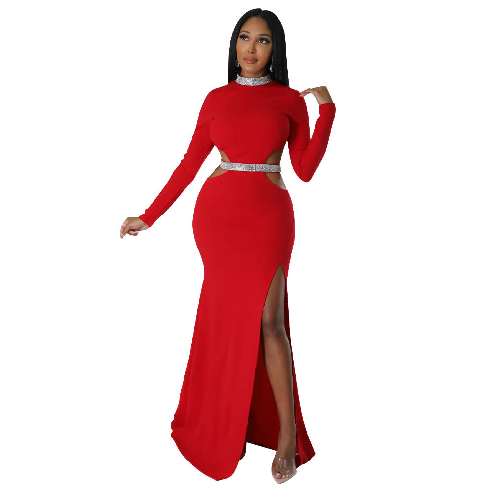 Fashion Women's Wear Sexy Waist Hollow-out Split Dress Solid Color