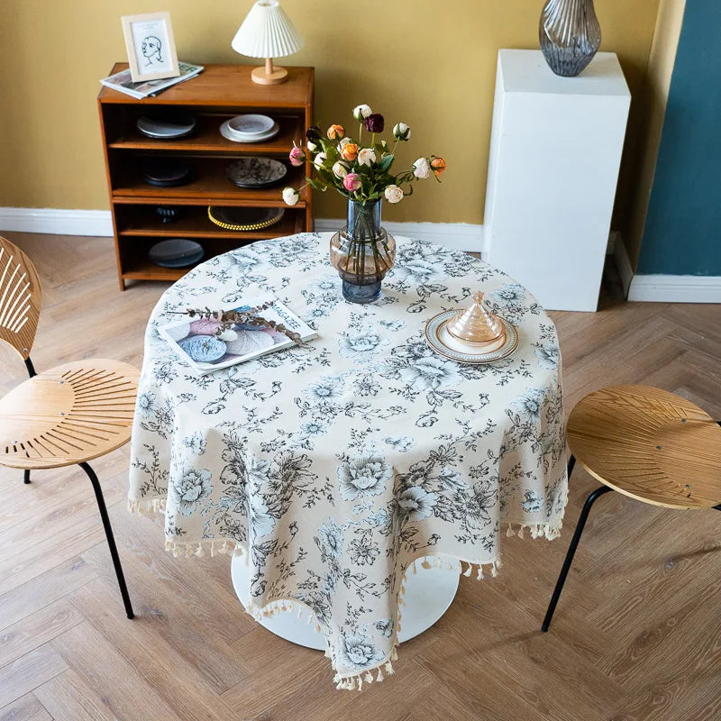 Peony Print Cotton Linen Tablecloth with Tassels for Elegant Home Décor