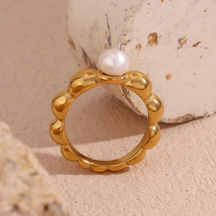 Lace Wave Pearl Ring, 18K Gold Plated, Waterproof Stainless Steel Jewelry