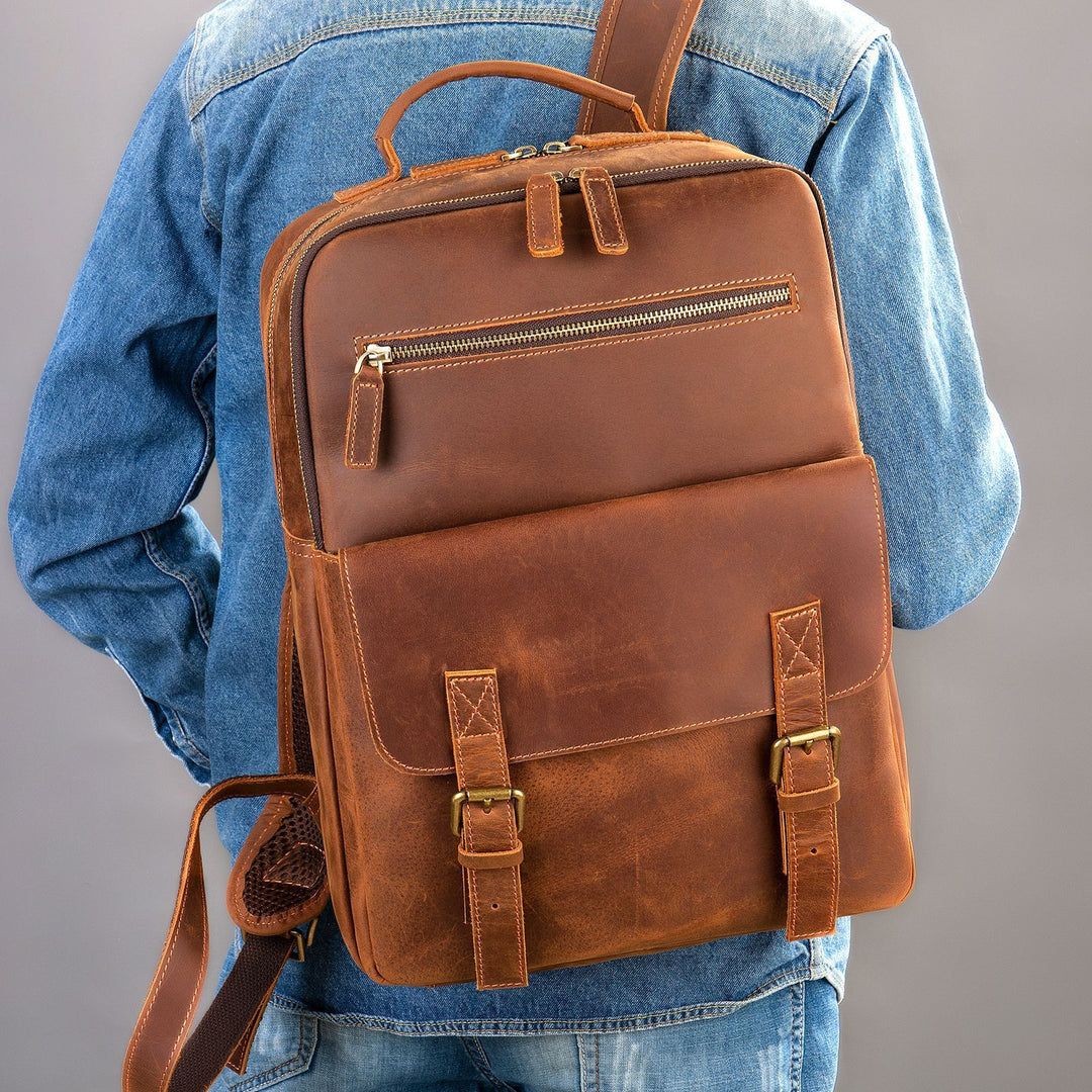 Crazy Horse Leather Retro Men's Large Capacity Backpack