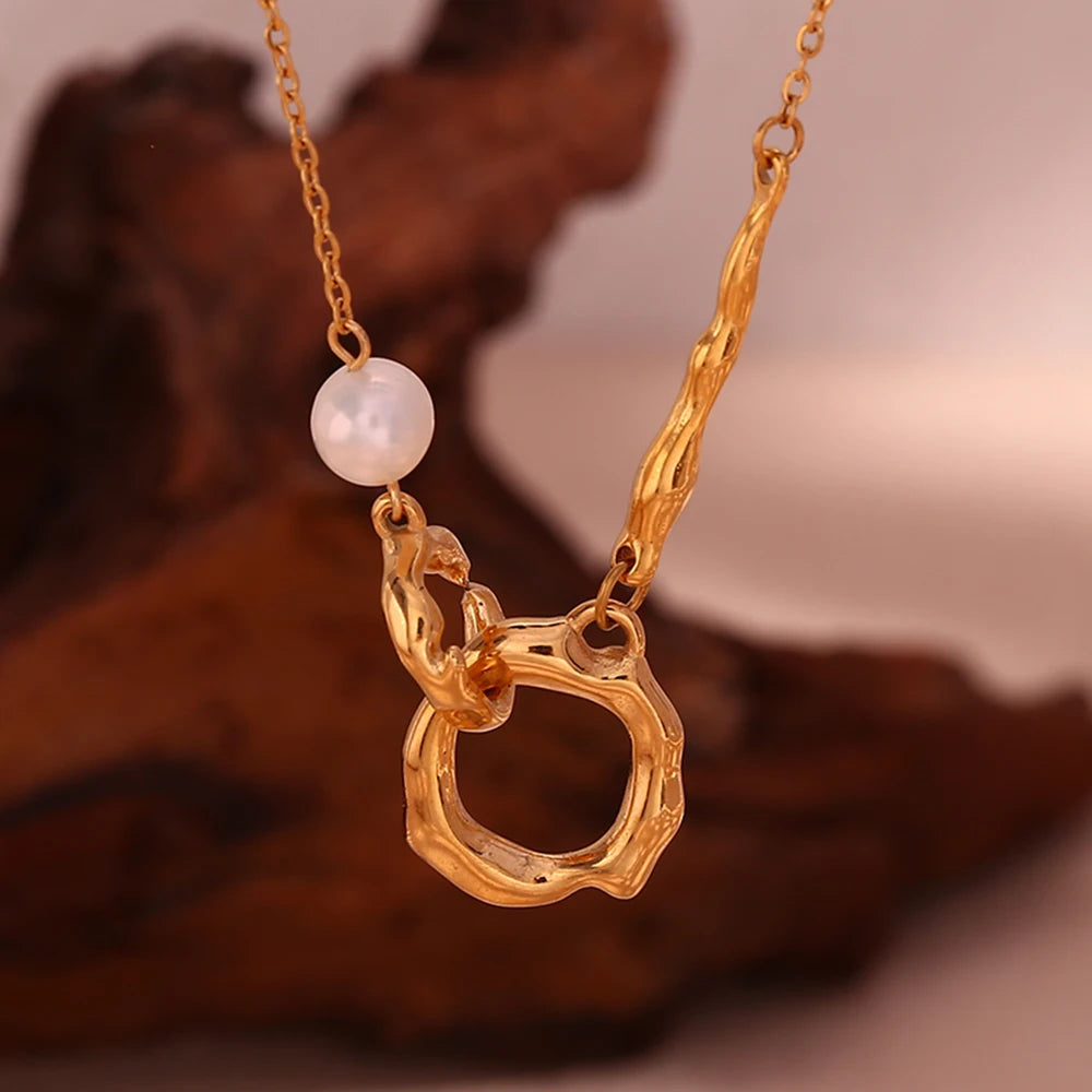 18K Gold Plated Freshwater Pearl Double Loop Pendant Necklace