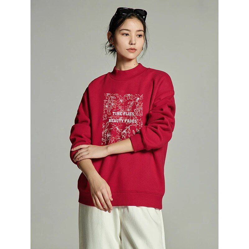 Winter Floral Print Plush Sweatshirt for Women