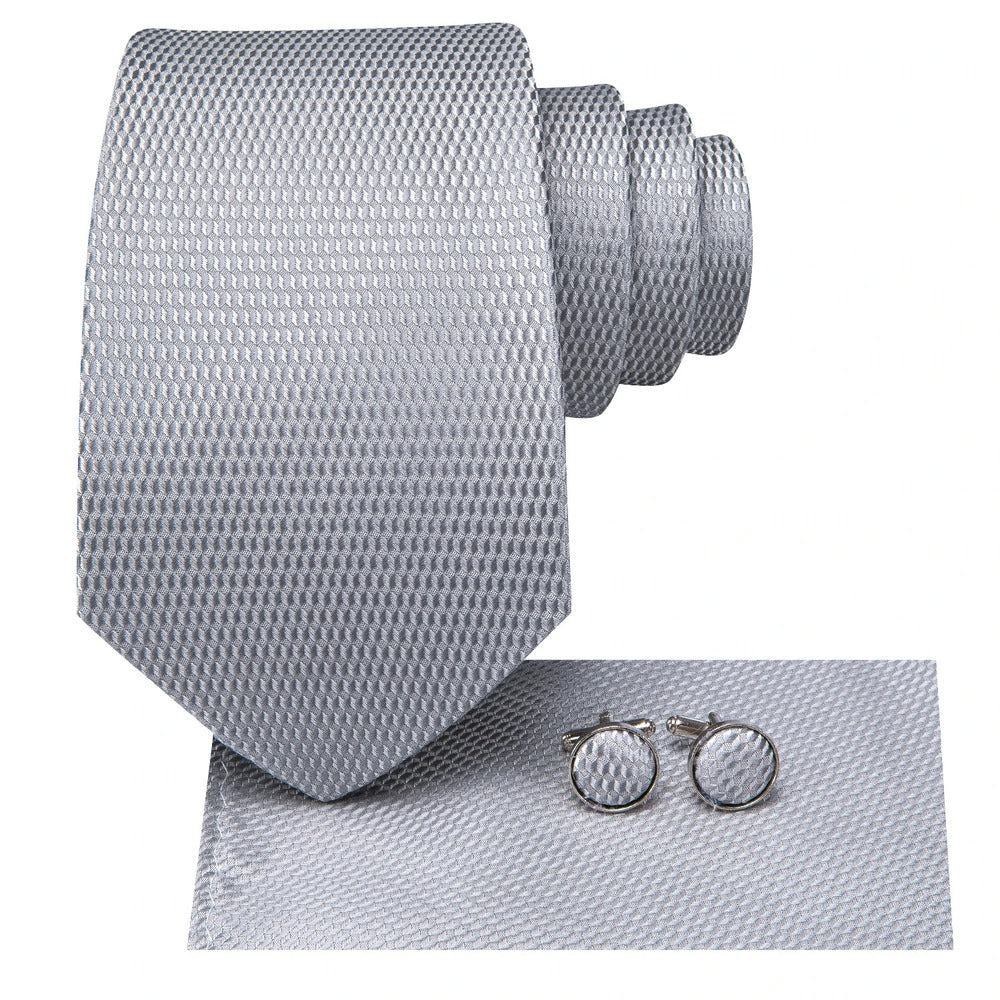 Elegant Grey Plaid Silk Necktie Set for Men