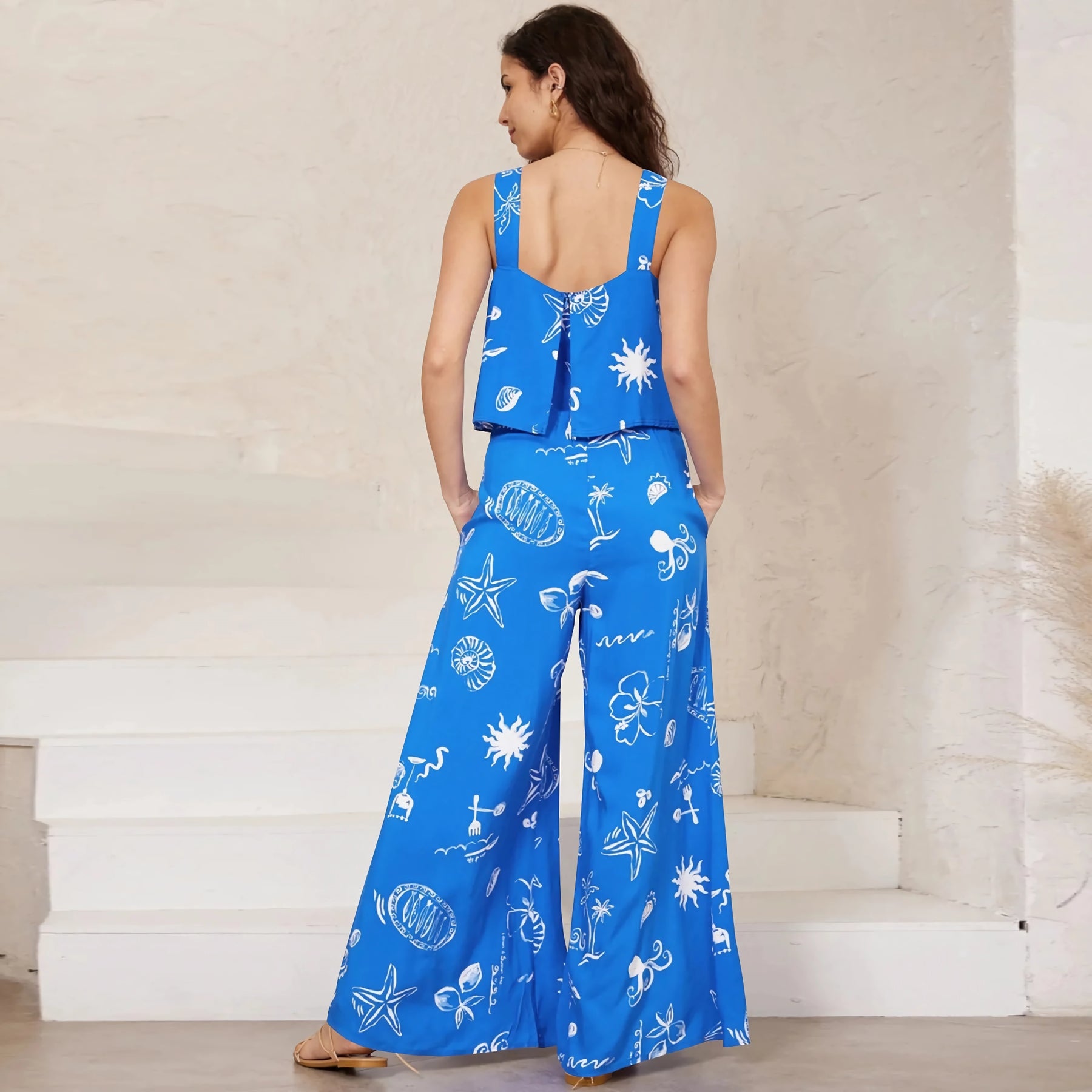 Chic Paisley Print Wide Leg Jumpsuit with Suspender Top Set - Women&