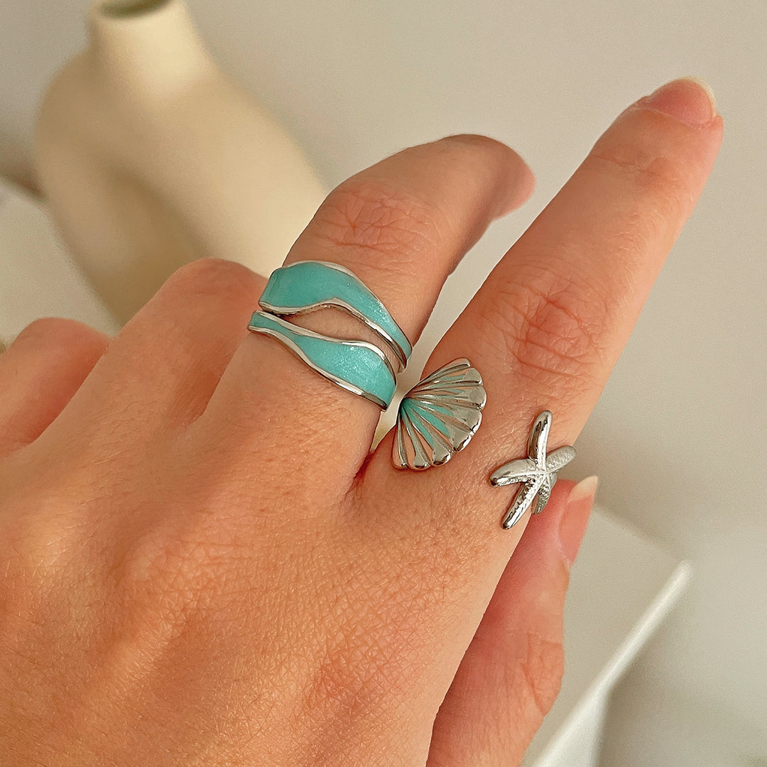 Adjustable Stainless Steel Bohemian Beach Ring with Starfish and Shell Accents