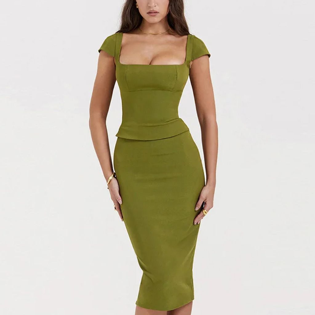 Green Sexy Women Two Piece Set - Square Collar Short Sleeve Tops And Midi Skirt Matching Sets