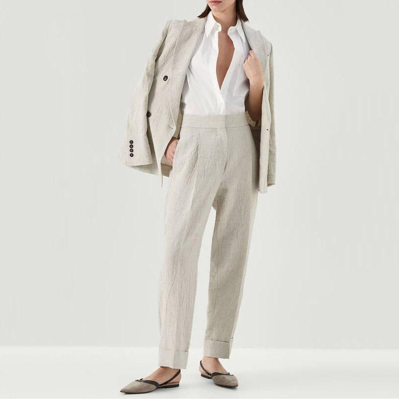 Elegant Beaded Linen Suit Set - Women's Double Breasted Blazer and Straight Trousers
