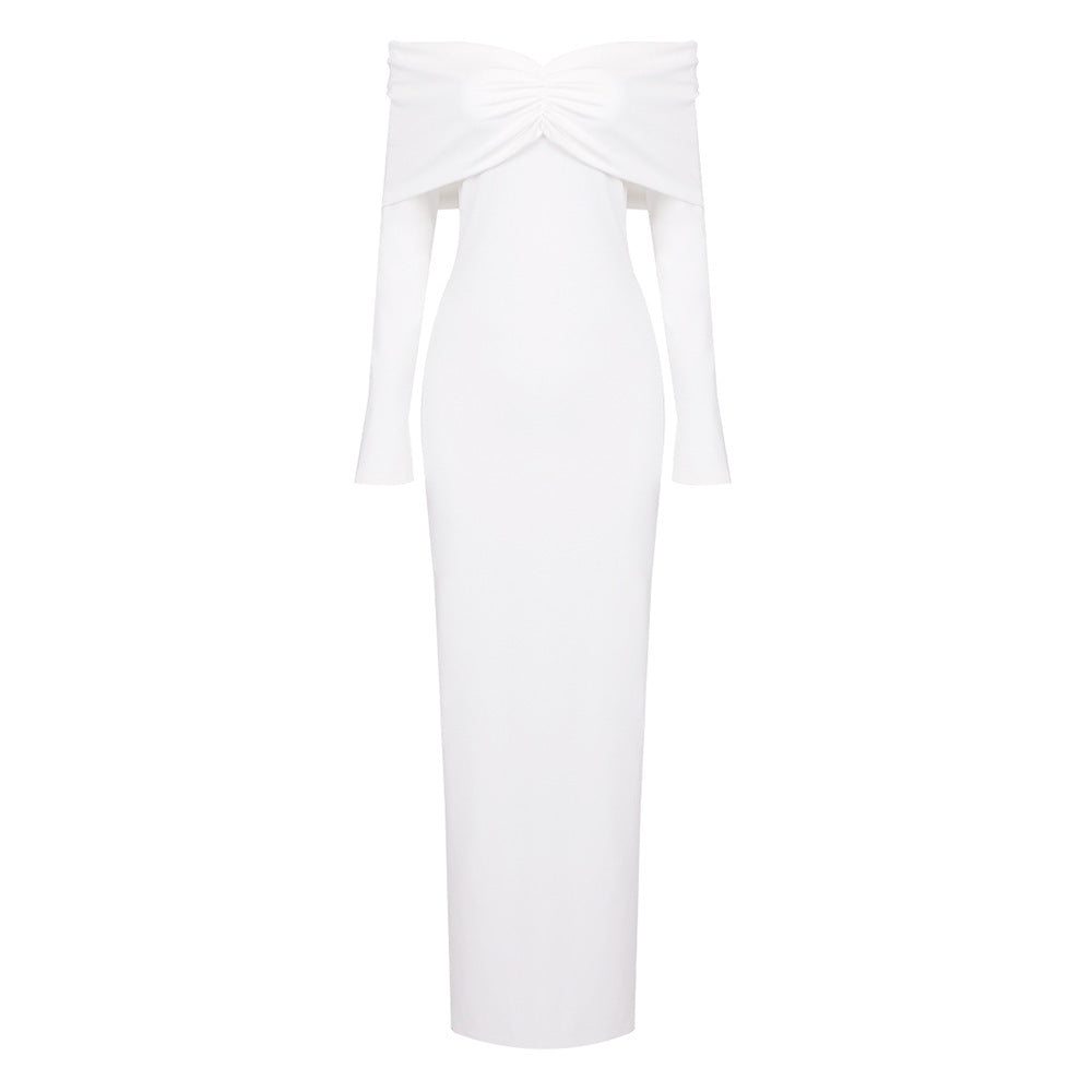 White Long Sleeve Off-the-shoulder Tube Top Pleating Long Skirt