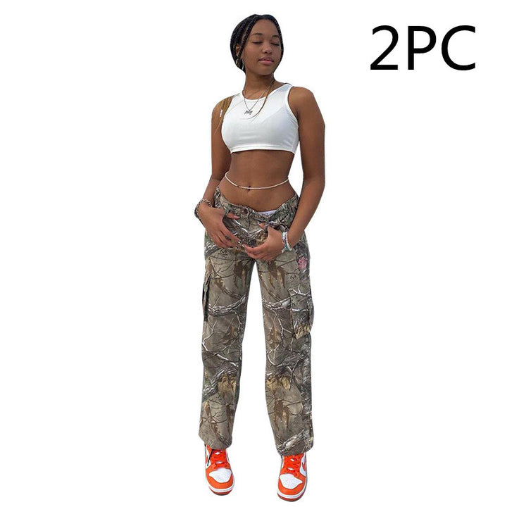 New Fashion Leaf Print Tooling Straight Loose Trousers