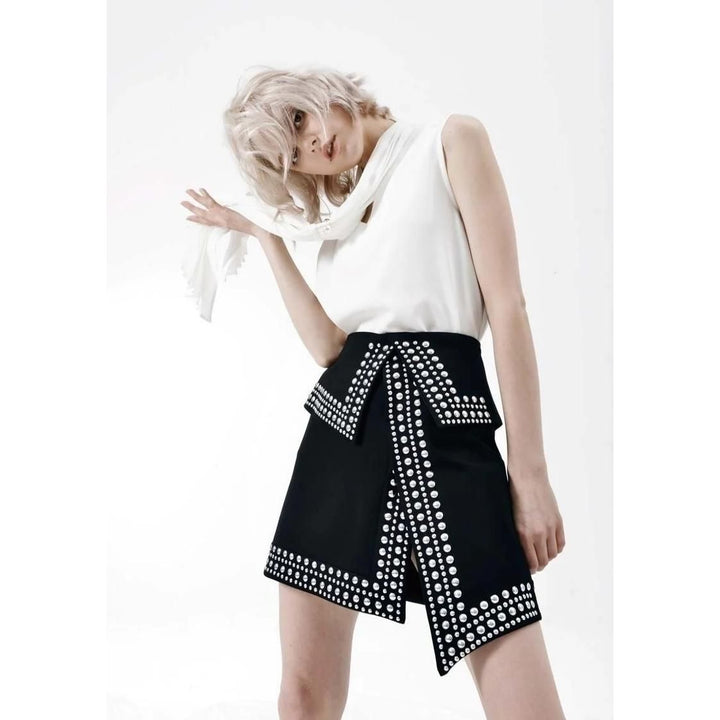 High Waist Punk Rivet Mini Skirt with Irregular Slit and Back Zipper