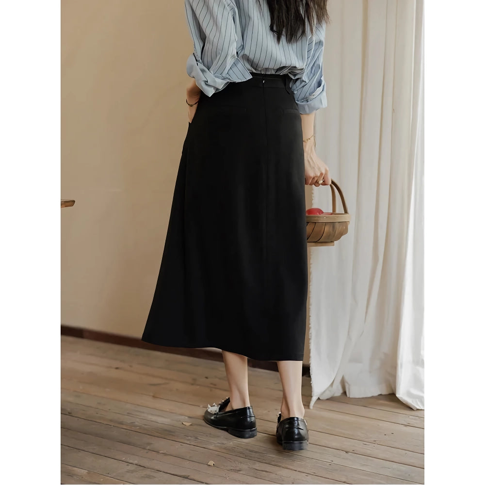 High Waist Pleated A-Line Skirt with Decorative Belt and Pockets