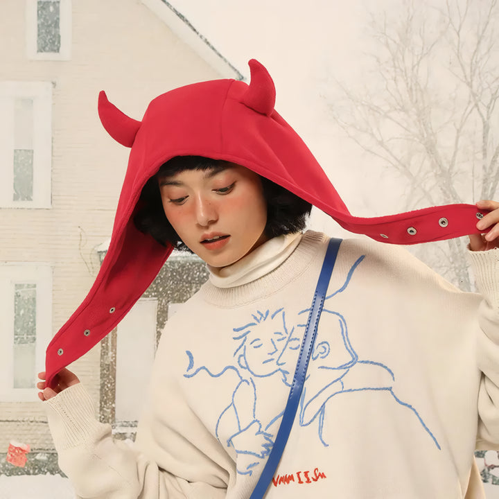 Women's Winter Plush Bomber Hat with Devil Ear Design and Ear Protection