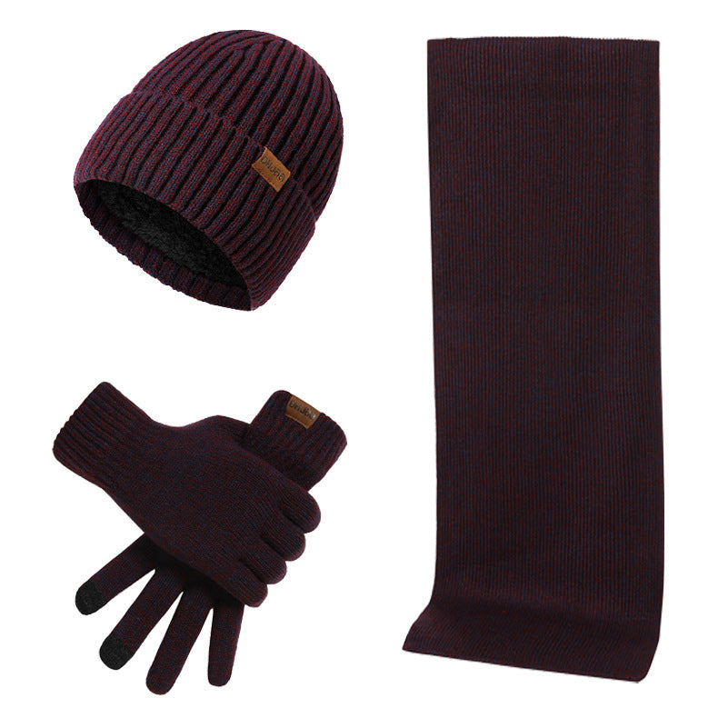 Winter Warm Suit Mixed Color Knitted Wool Thickened Hat Scarf Gloves Three-piece Set