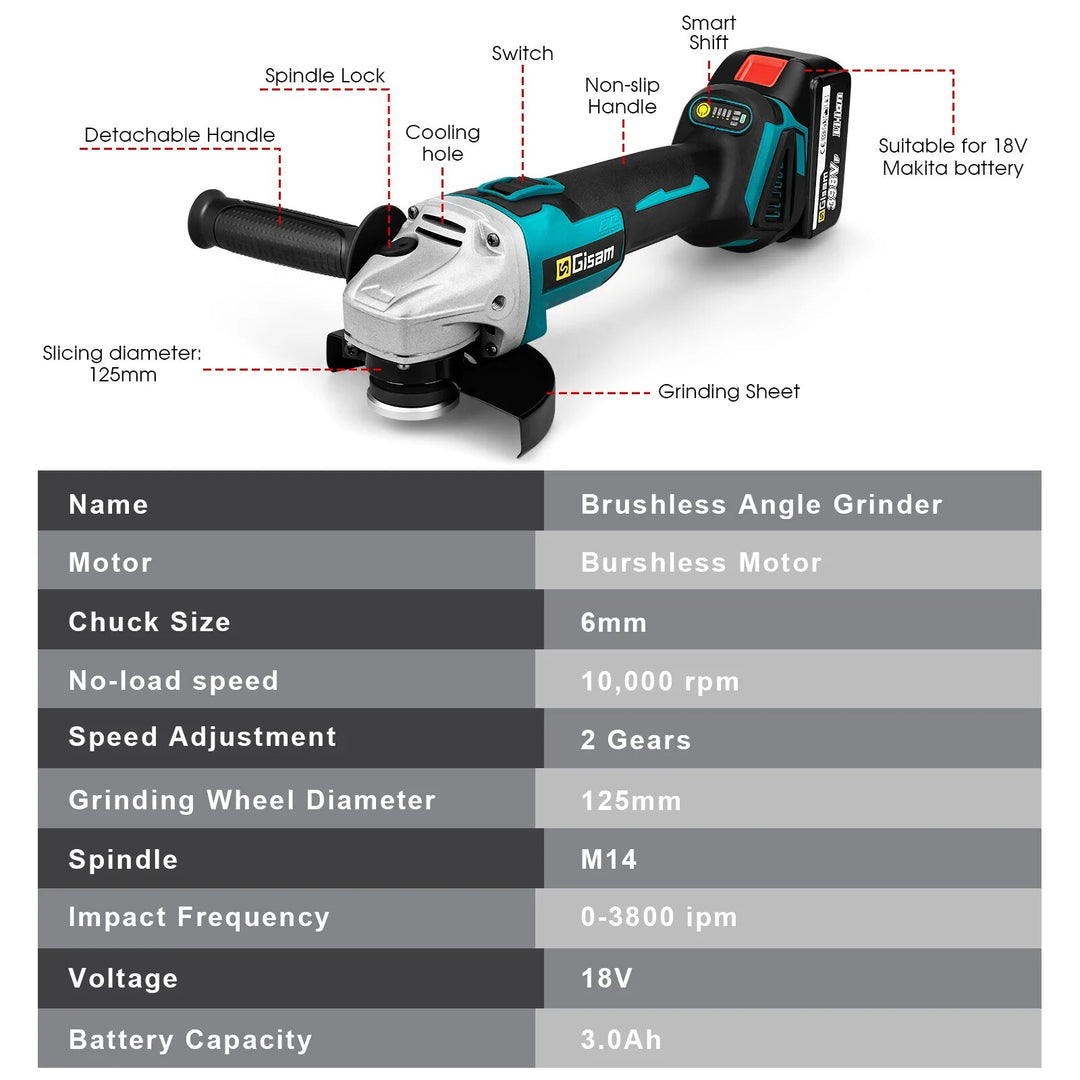 18V 125mm Cordless Angle Grinder with Brushless Motor for Polishing and Cutting